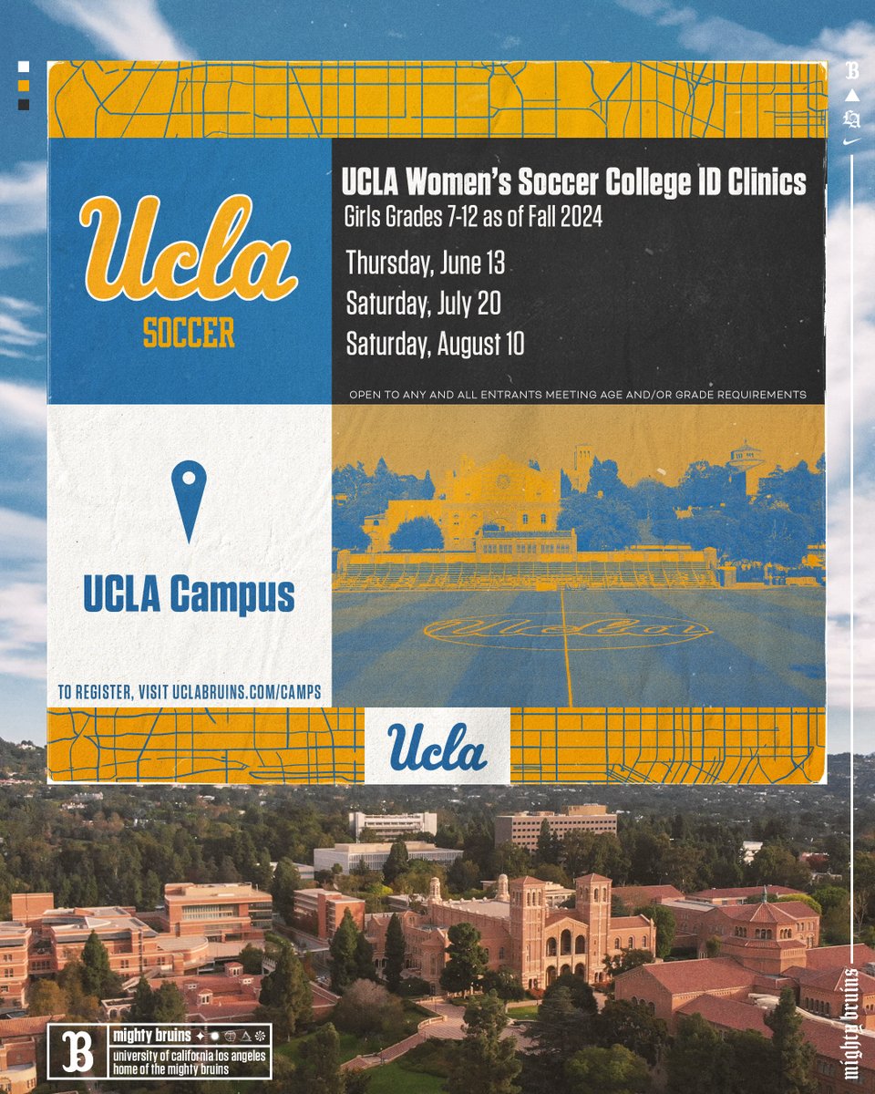 Registration is open for our Summer College ID clinics, which are open to girls grades 7-12 as of Fall 2024. June 13 July 20 August 10 Register here: ucla.in/4cAlgWz