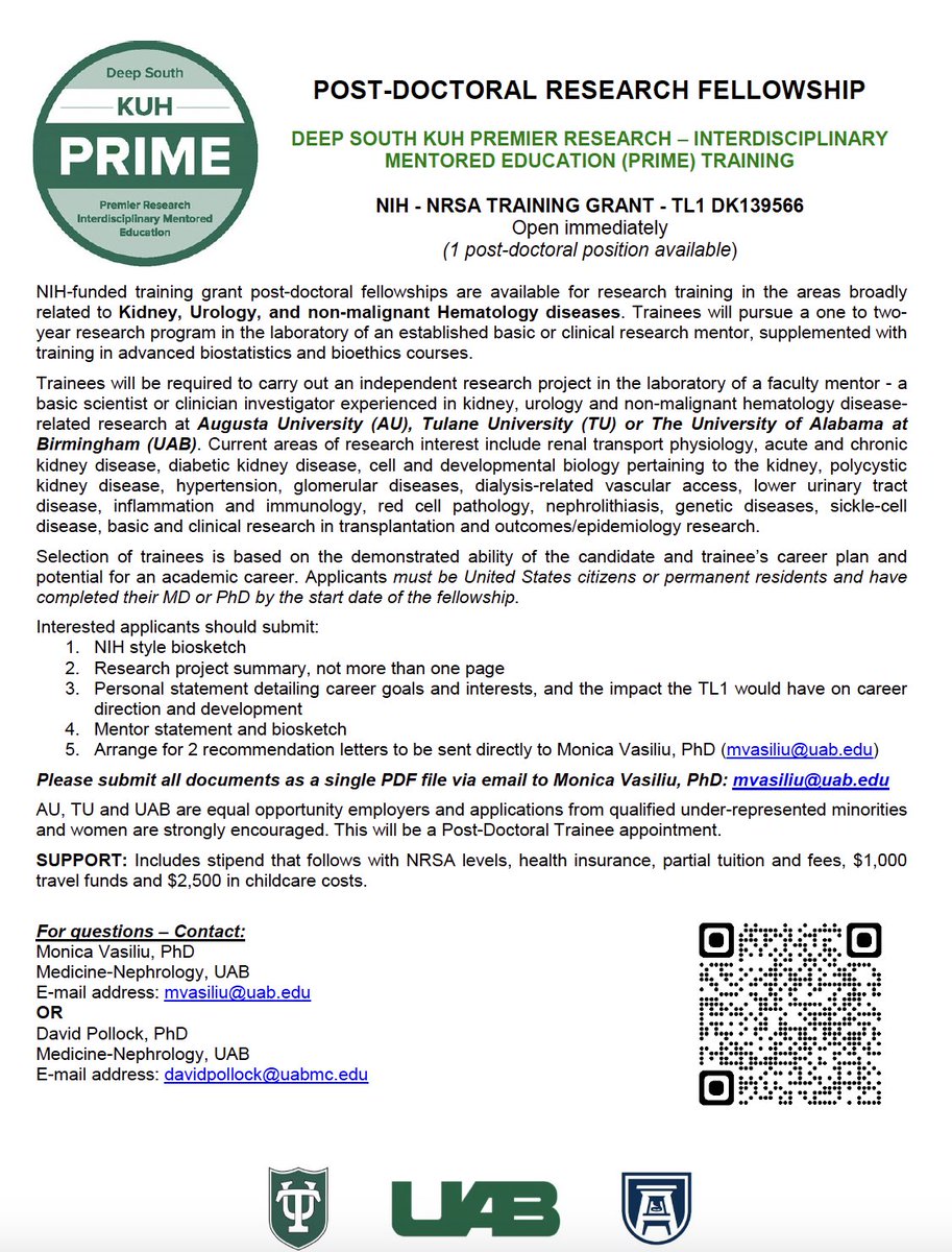 Deep South KUH PRIME - Post-doctoral Research Fellowships in Kidney, Urology, and non-malignant Hematology diseases at Augusta University, Tulane University or UAB. Applications reviewed as received. sites.uab.edu/kuhprime/post-…… @davidpollock929 @ogutierrez136 @DrTimmyLee1