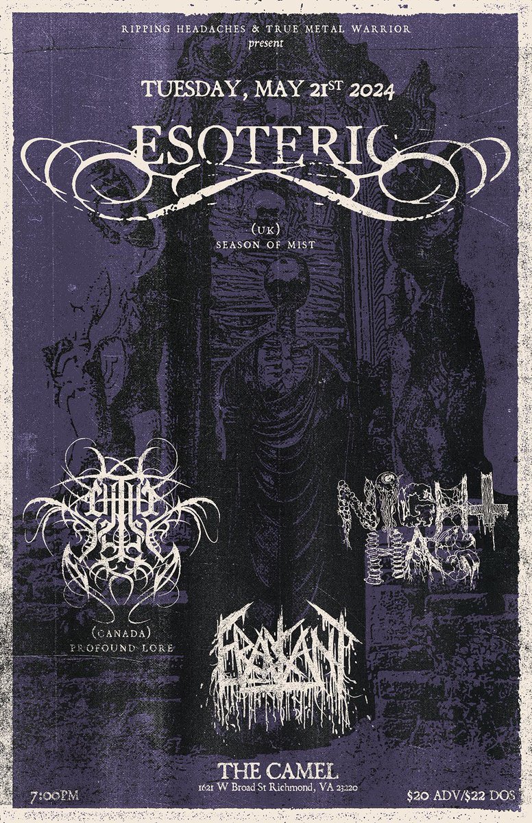 Next month @ The Camel in Richmond! UK Death/Doom legends Esoteric w/ Chthe'ilist, Night Hag, and Eradicant 🎟️🎟️🎟️TICKET LINK IN BIO or linktr.ee/rippingheadach…