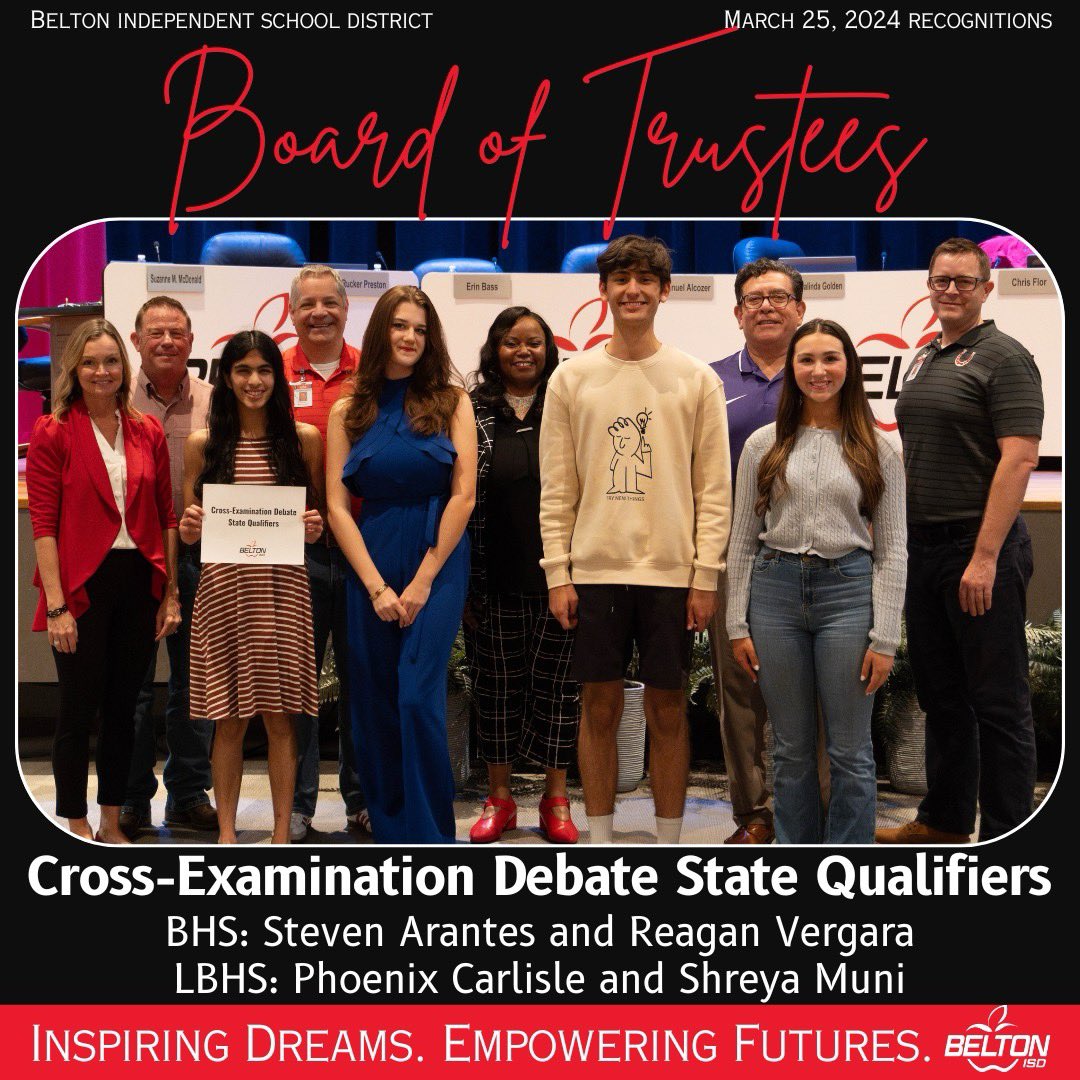 The Cross-Examination Debate State Qualifiers were recognized at the March Board of Trustees Meeting. #EACHandEVERYstudent #CelebrateBISD🍎 📸 bit.ly/4anAAEr