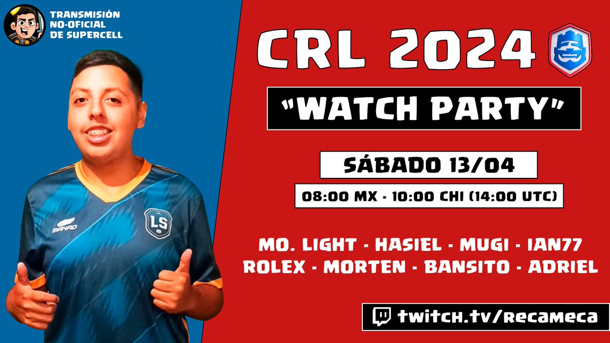 Recameca 😈 (@recameca) on Twitter photo 🏆 CRL 2024 - WATCHPARTY 🏆
📢 Amigos mañana estaré en directo casteando las finales mensuales de Abril, por si quieren pasar a verlas conmigo, los esperaré con gusto 🥰
🎙️ <a href="/Recameca/">Recameca 😈</a>
📅 SÁBADO 13/04
⏰ 08:00 🇲🇽 - 10:00 🇨🇱 - 16:00 🇪🇸 (14:00 UTC)
📺 Twitch: Recameca 🟣 🏆 CRL 2024 - WATCHPARTY 🏆
📢 Amigos mañana estaré en directo casteando las finales mensuales de Abril, por si quieren pasar a verlas conmigo, los esperaré con gusto 🥰
🎙️ <a href="/Recameca/">Recameca 😈</a>
📅 SÁBADO 13/04
⏰ 08:00 🇲🇽 - 10:00 🇨🇱 - 16:00 🇪🇸 (14:00 UTC)
📺 Twitch: Recameca 🟣