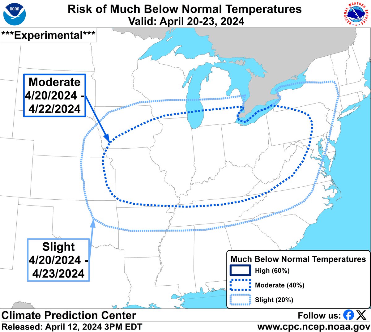 Following recent warm weather and spring green up in the eastern U.S., a brief cold spell will increase the potential for late-season frosts and freezes from the east-central Plains eastward to the interior Mid-Atlantic, and as far south as the Tennessee Valley, April 20-23.