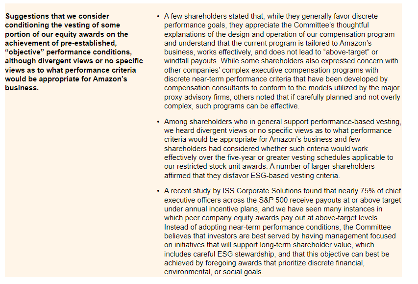 $AMZN Proxy out.  Reminder they have arguably the best comp structure on the planet for shareholder alignment.  And some fun nuggets like the bill for Jeff Bezos's bodyguards.

Comp Highlights
-Primary compensation for all execs is periodic grants of time-vested RSUs w/ nominal