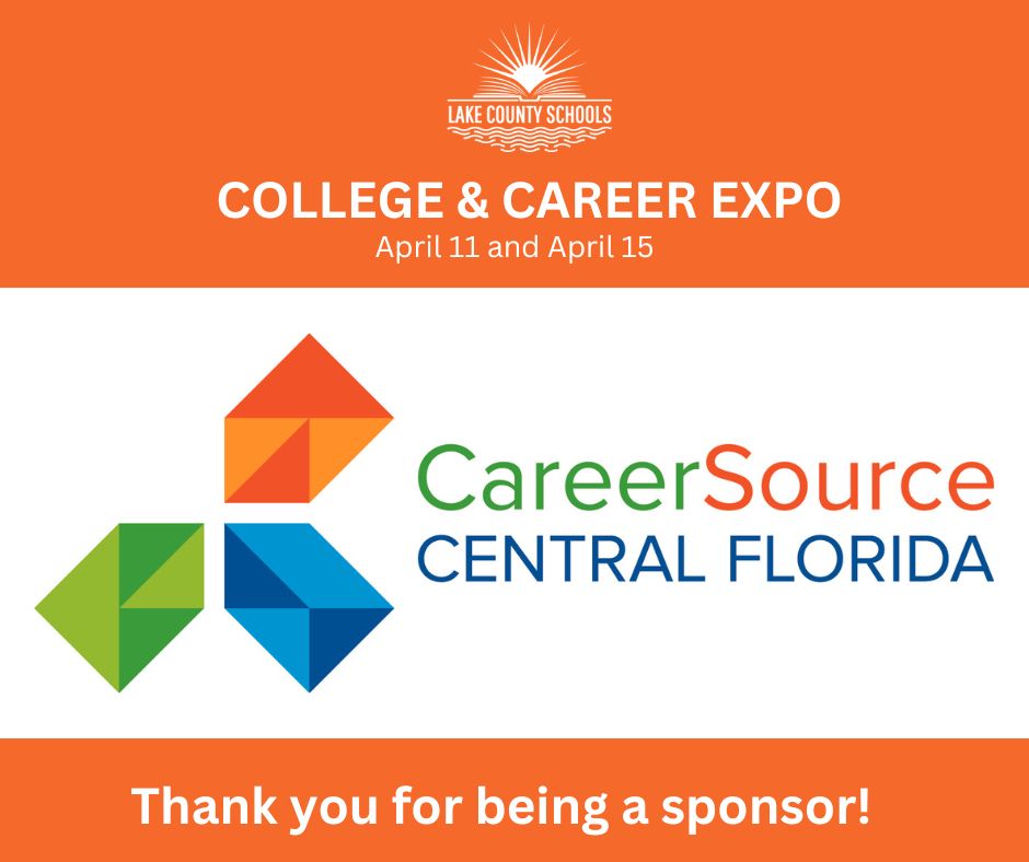 CareerSource Central Florida is a sponsor for the free LCS College & Career Expo held April 11 and 15 for juniors and seniors. CareerSource connects Central Floridians to careers and develops skilled talent for businesses. Learn more about the Expo here: lake.k12.fl.us/departments/co…
