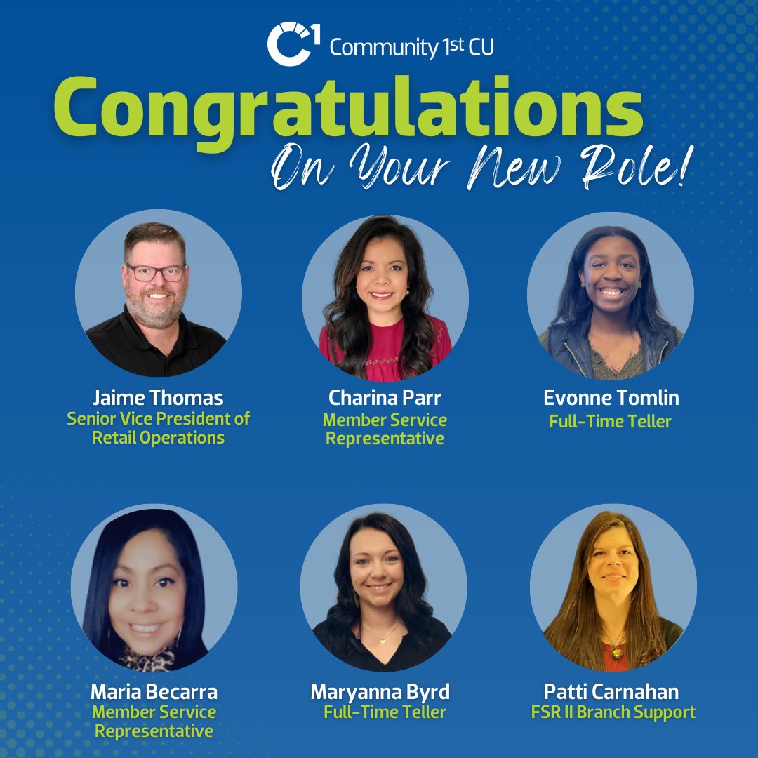 We’re happy to see our employees achieve their goals at C1st! Congratulations to these individuals who earned promotions recently! Looking to join our team? Check out our current openings at c1stcu.com/careers #WeAreC1st #Promoted