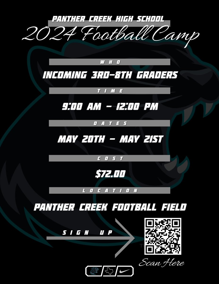 Panther Creek Football Camp is right around the corner! Get signed up today! #CREEK