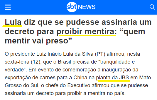 O cúmulo do ridículo! Do lado dos irmãos Batista, presos na Lava-Jato, o ex-presidiário Lula fala em 'proibir mentira'. O Brasil vive hoje o ápice da inversão da realidade. Se estivéssemos num país minimamente sério, nenhum desses ex-presidiários estaria fora da cadeia.