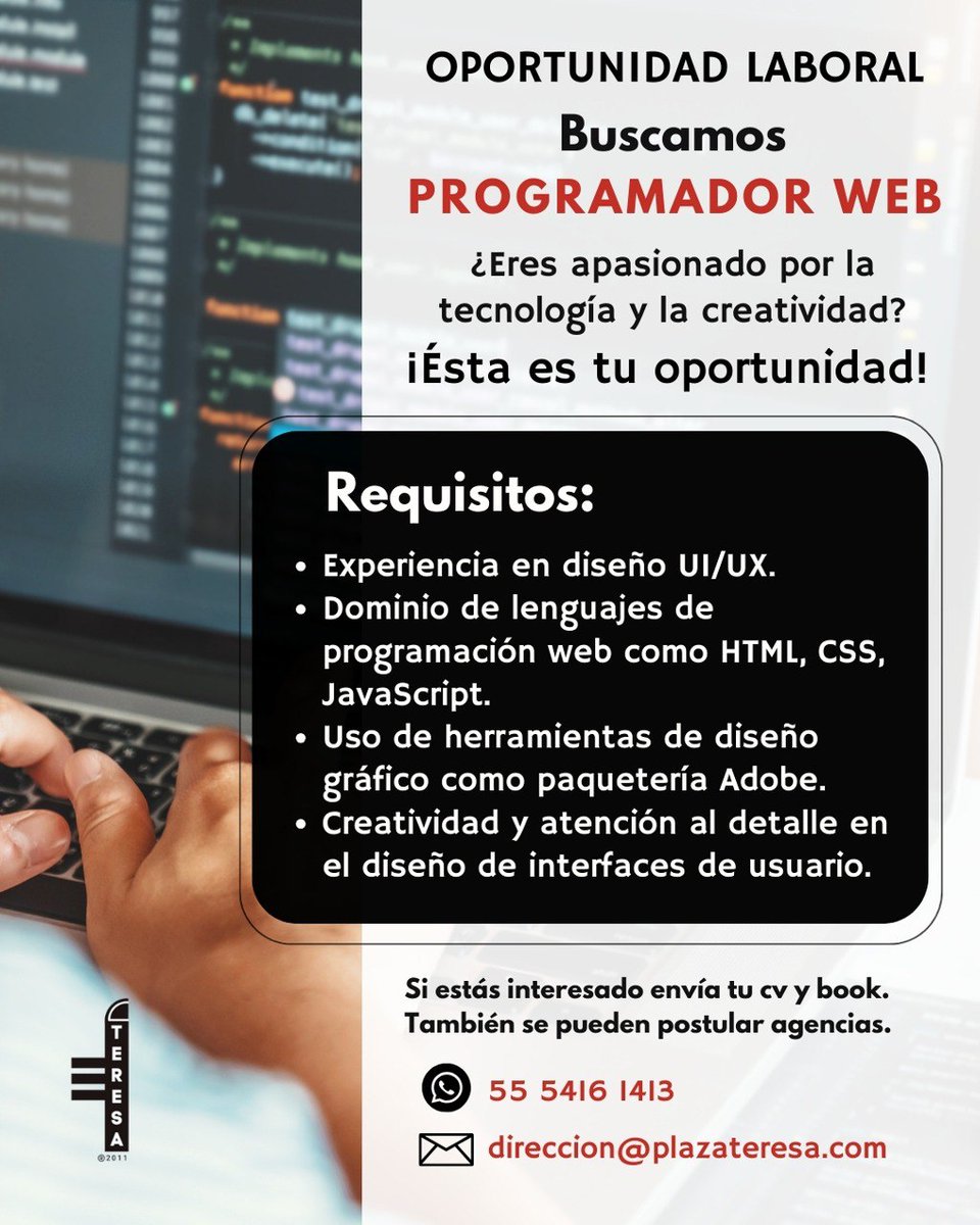 PlazaTeresa1's tweet image. OPORTUNIDAD LABORAL
¿Tienes lo que se necesita para crear una experiencia digital única? Envíanos tu CV y Book y únete a nuestro equipo. También se pueden postular agencias.
#empleo #programadorweb #programador #web #plazateresa #html #css #javascript #java #oportunidadlaboral