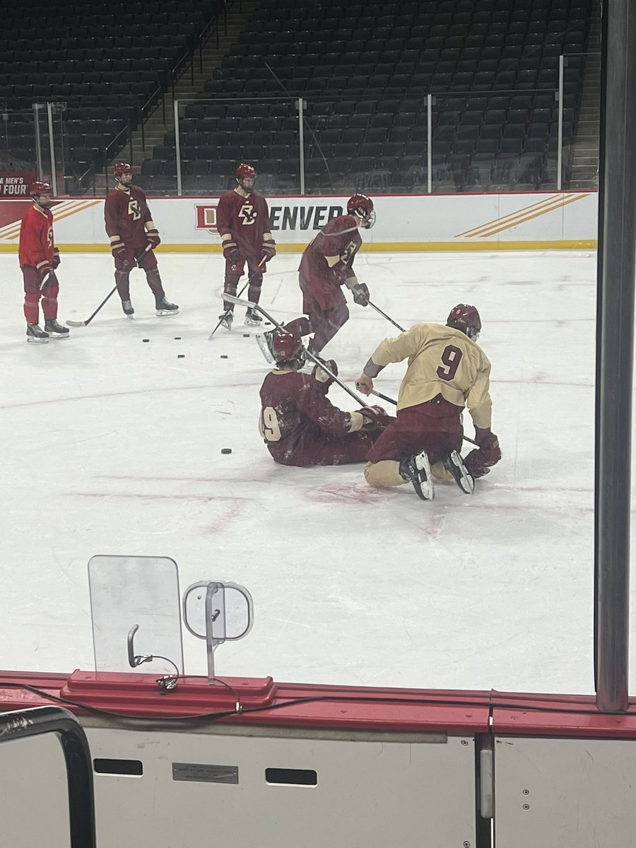 Cutter Gauthier and Ryan Leonard joking around after what is likely their last practice together at Boston College.