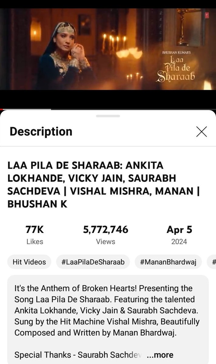 #AnkitaLokhande
#VickyJain 
CONGRATULATIONS to 1 & all as #LaaPilaDeSharaab has clocked 5.7M views thus far on ytube
❤💥💣👏
