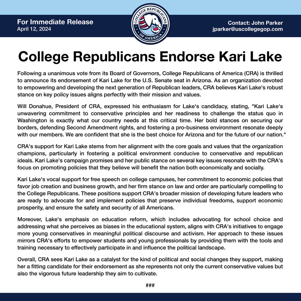 College Republicans of America is proud to announce our official endorsement of Kari Lake for U.S. Senate in Arizona! @KariLake is the fighter we need in Washington and the backup President Trump will need during his second term as President. Let’s flip this seat RED.