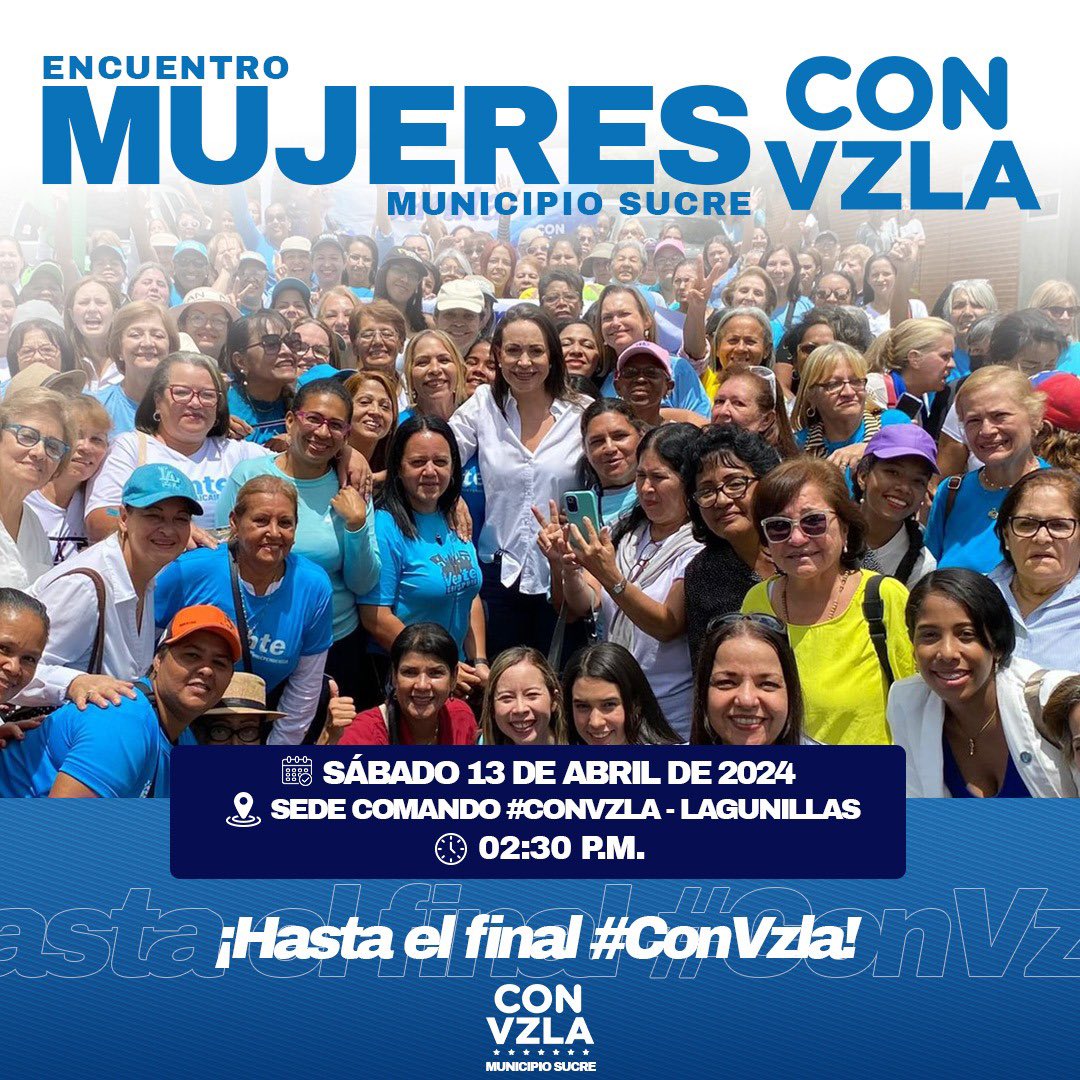 ¡Las mujeres merideñas van con @MariaCorinaYA #HastaElFinal!

Encuentro de Mujeres #ConVzla en el municipio Sucre.

Sábado: 13/04/2024
Lugar: Sede del Comando #ConVzla~Lagunillas.
Hora: 2:30 PM

¡Te esperamos!