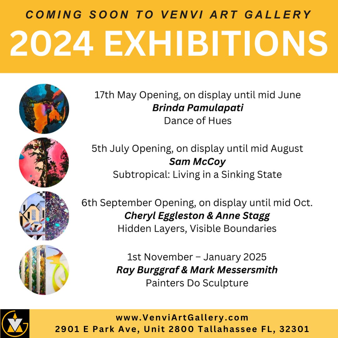 Here is a list of upcoming exhibitions for the rest of 2024! Are there any exhibitions in particular that you are excited to see? 

#tallahassee #art #artists #gallery #artgallery 
#tallahasseearts #southernart #artforsale #thingstodointallahassee #arttocollect #collectableart