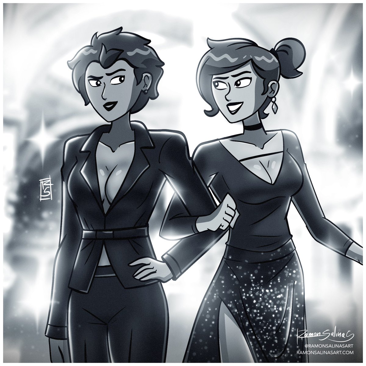 I seem to love drawing Amanda and Liz being fancy. 🔎💕 The next comic chapter I’m working will have them in their fancy fits so it helps to have reference! #ArtistOnTwitter #art #illustration