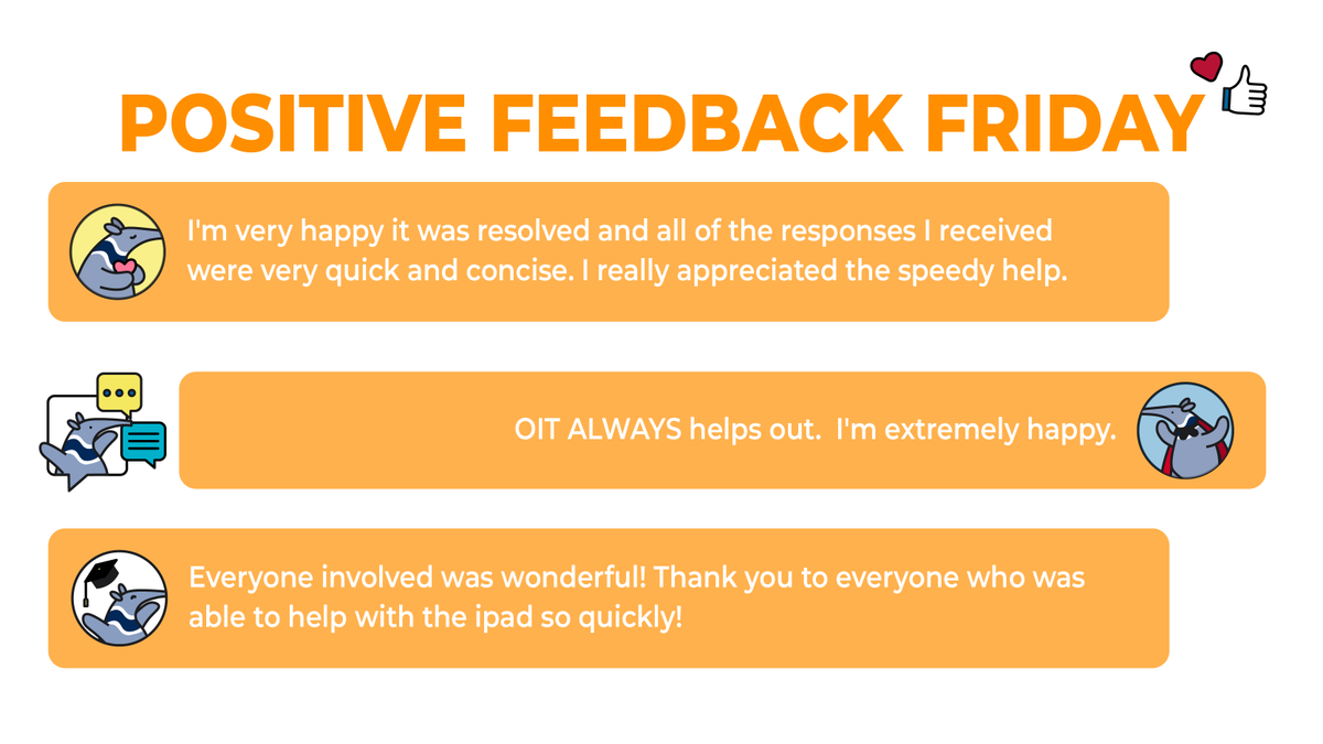 Happy spring quarter, Anteaters! 🌱 Our help desk is the ultimate resource for tech help at UCI! 🫡 Here is feedback from satisfied users! 👆 Need tech support? Visit oit.uci.edu and click on ‘Support’ to access the Help Desk. 😊 #uci #ucirvine #ucioit #zotzotzot