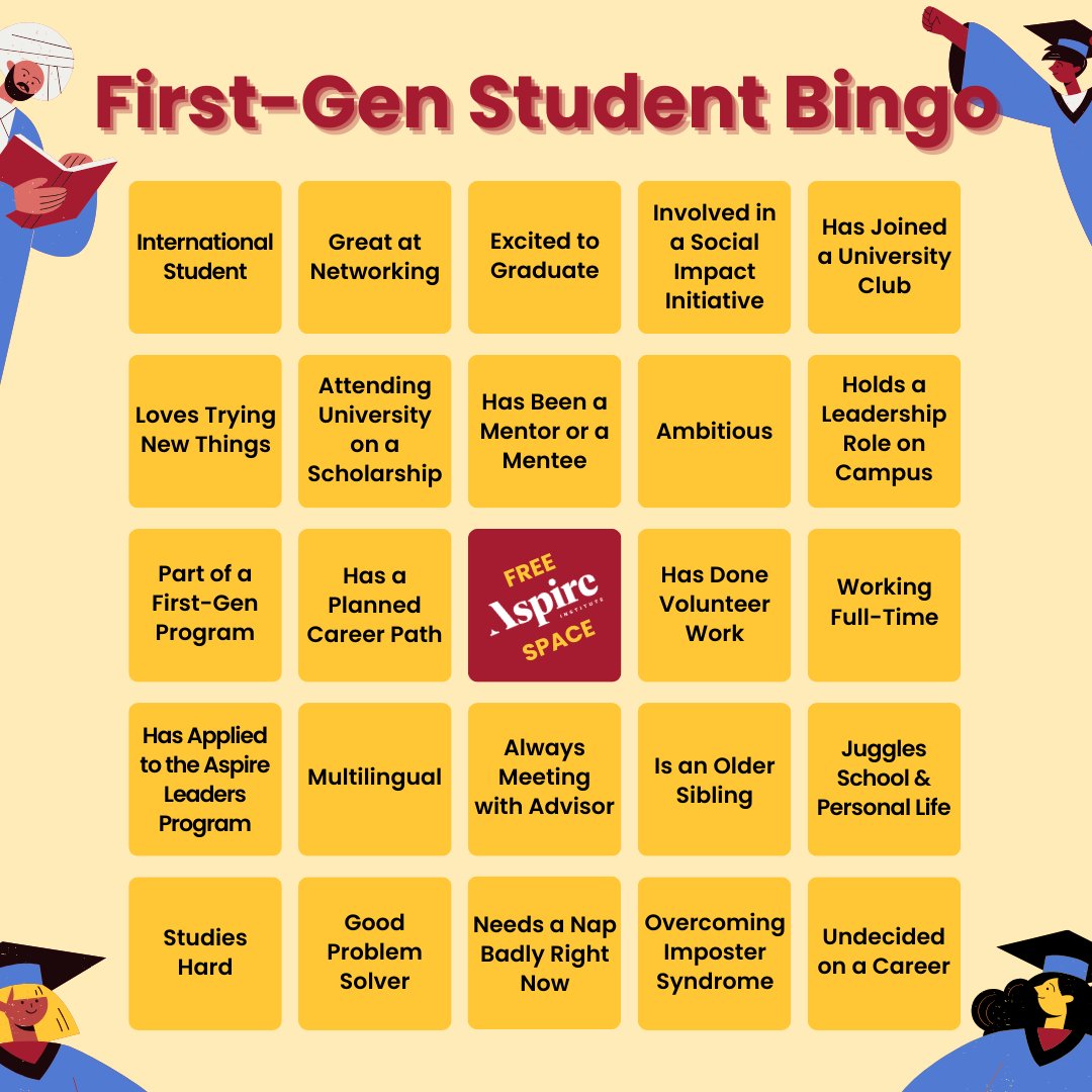 aspire_leaders's tweet image. Add some fun to your #FirstGenFriday with a game of Bingo! Take a screenshot and circle the items on the card that you can relate to. Then, repost it to your story or feed for others to see!

Make sure to tag us in your post 🎉 #bingo #aspireleadersprogram