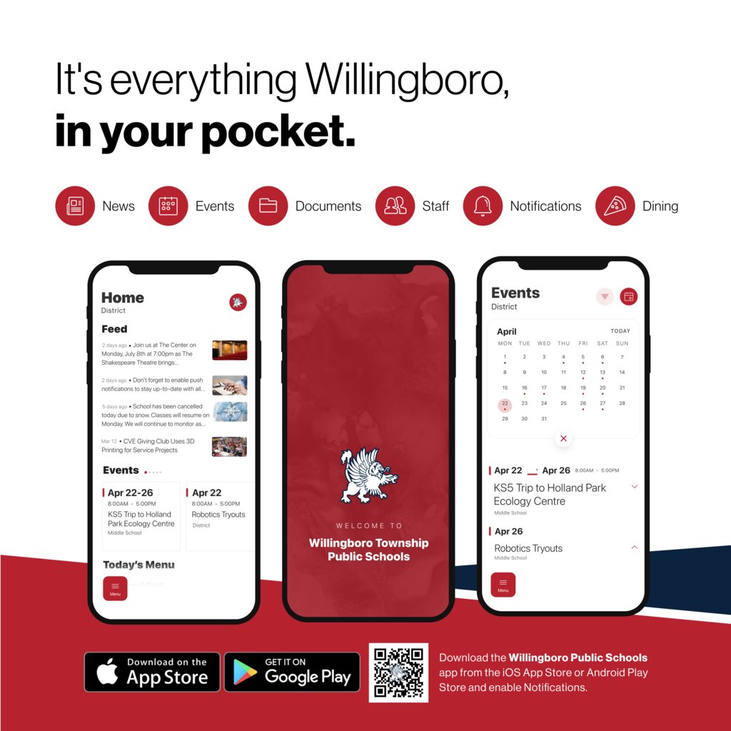 Don’t miss out on the latest happenings at Willingboro! Download the  school app today!
Download for Android bit.ly/3nnN0Zr
Download for iPhone apple.co/40pWLos
