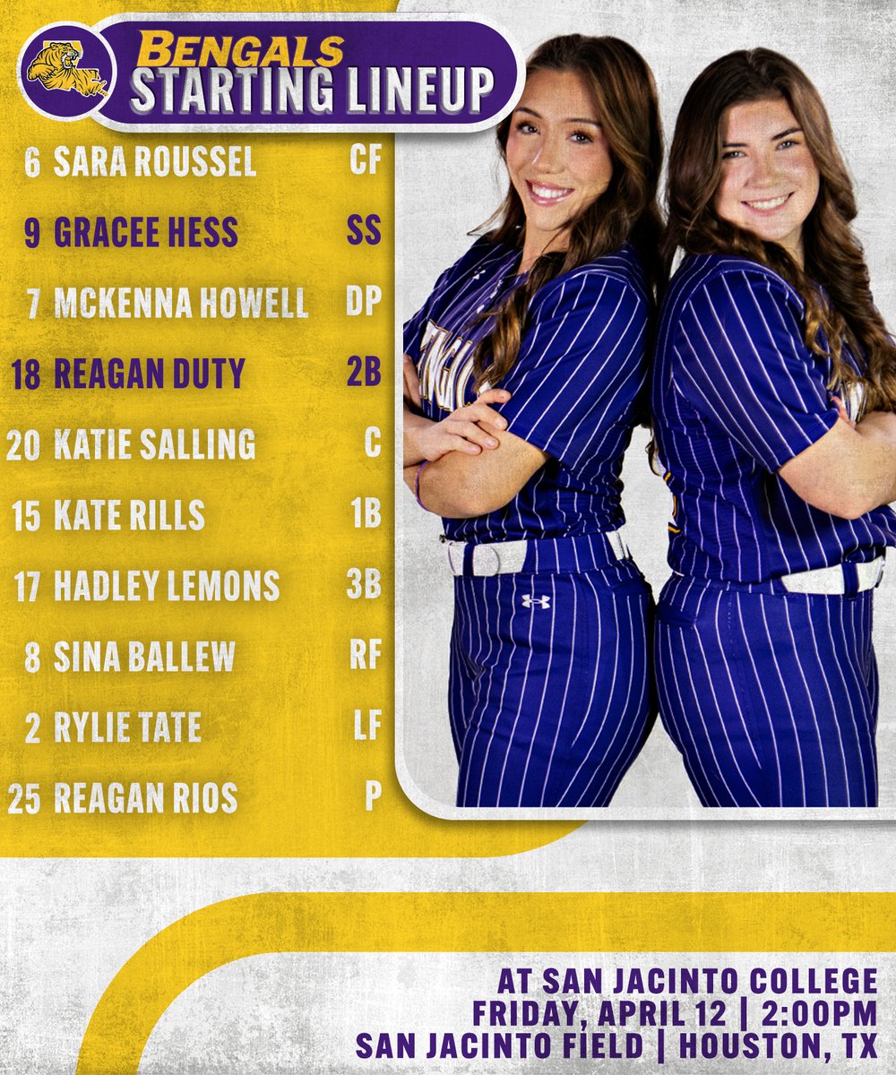 Ready to GEAUX! LSU Eunice is in Texas for this weekend, starting off with a Friday double dip against San Jacinto. Here's our starting lineup for the 2:00PM first pitch, watch live at TSBN Sports! #DSRO #GeauxBengals tsbnsports.com/lsu-eunice-vs-…