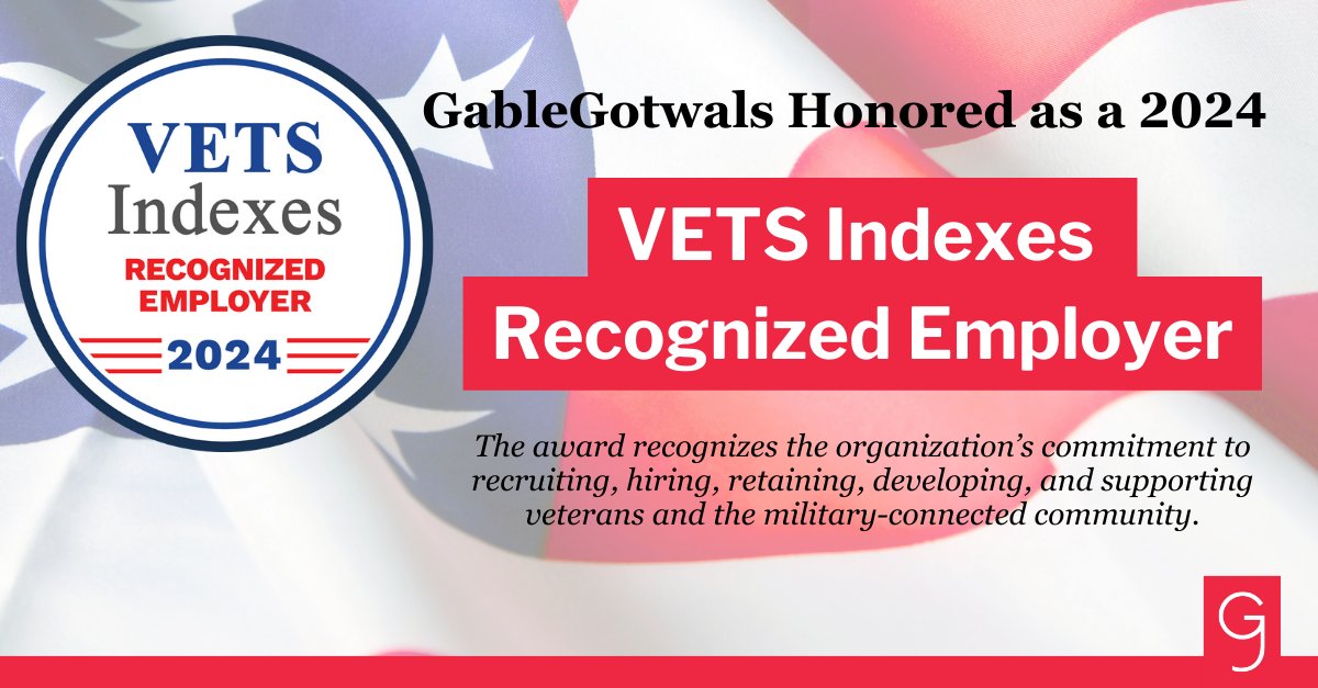 GableGotwals is proud to be named one of @VETSIndexes Recognized Employer! The award recognizes the organization’s commitment to recruiting, hiring, retaining, developing, and supporting veterans and the military-connected community. ow.ly/9oyz50RfkiF