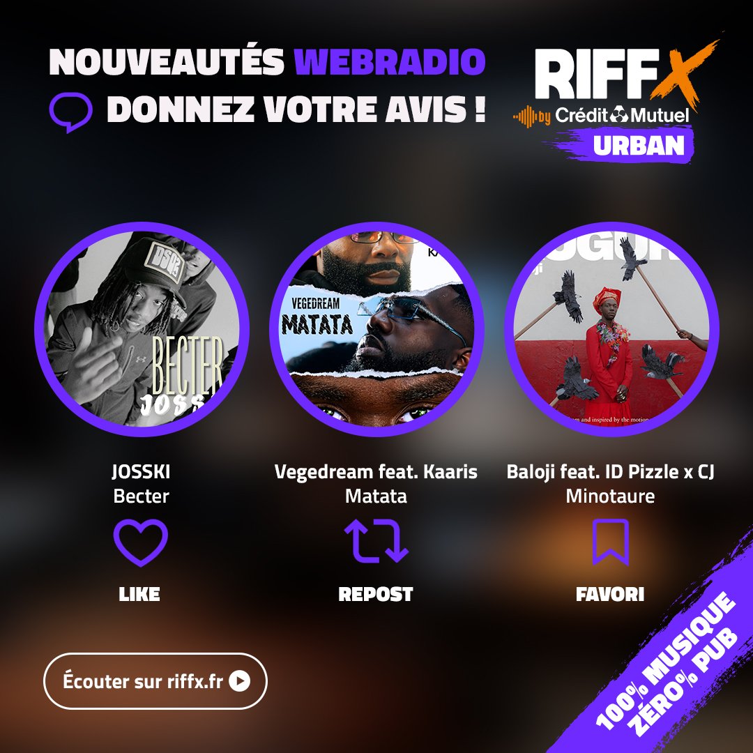 📻 Plutôt quel mood en ce moment ? 👉 On a ajouté les dernières nouveautés de @Josski_Off, @VegedreamGagnoa & @KaarisOfficiel1 ainsi que que @BALOJI, @idpizzle et CJ 🔊 Tu valides ? RDV sur riffx.fr/radio/radio-ri… 🎧 0% Pub, 100% musique !