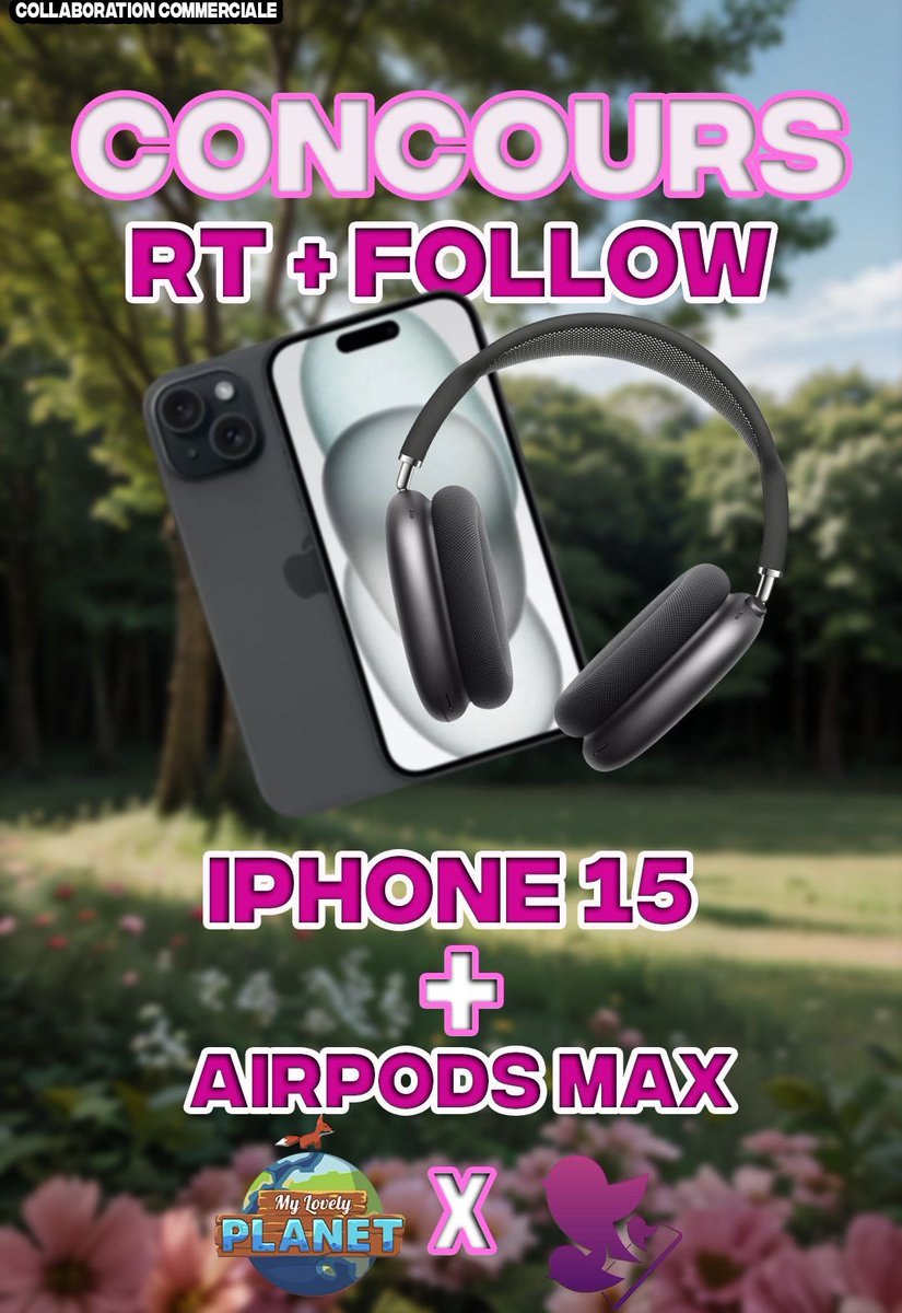⏳ GROS Concours 🍀

À gagner : 1 iPhone 15 + AirPods Max

Pour participer :
- RT + follow @MyLovelyPlanet1 
- Commente la couleur que tu veux

📆Tirage au sort le 20/04, bonne chance à tous !