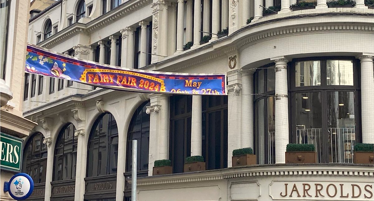 We've got a banner outside Jarrolds, Norwich! Please share the Fairy Fair to anyone with young children. We held a children's nature workshop in Norwich recently - only two of 36 parents had heard of the Fair! (6%). Help us spread the word. Pls RT. Info: bit.ly/3PpYoz7