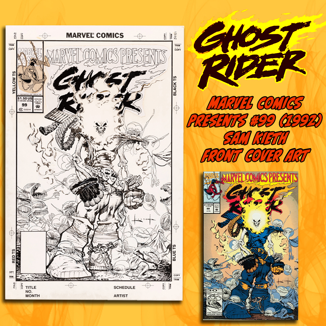 JULY AUCTION PREVIEW! Ghost Rider fans, you DO NOT want to miss our Summer auction! ✅ out Sam Kieth's amazing cover art for Marvel Comics Present #99 featuring the Spirit of Vengeance! Contact Hake's to sell your comic art! 🔥💀🔥 #GhostRider #SamKieth #comicart #collector