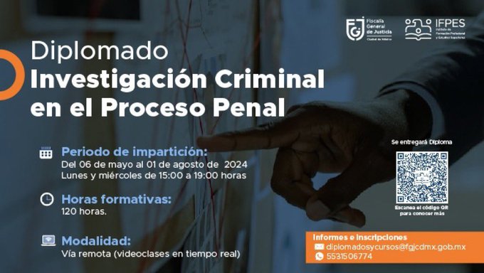 Forma parte de nuestro diplomado: “Investigación Criminal en el Proceso Penal”, que se llevará a cabo del 6 de mayo al 1 de agosto del presente año, de manera virtual. Más información escaneando el código QR que aparece en la imagen. i.mtr.cool/lqdkaqmkgx