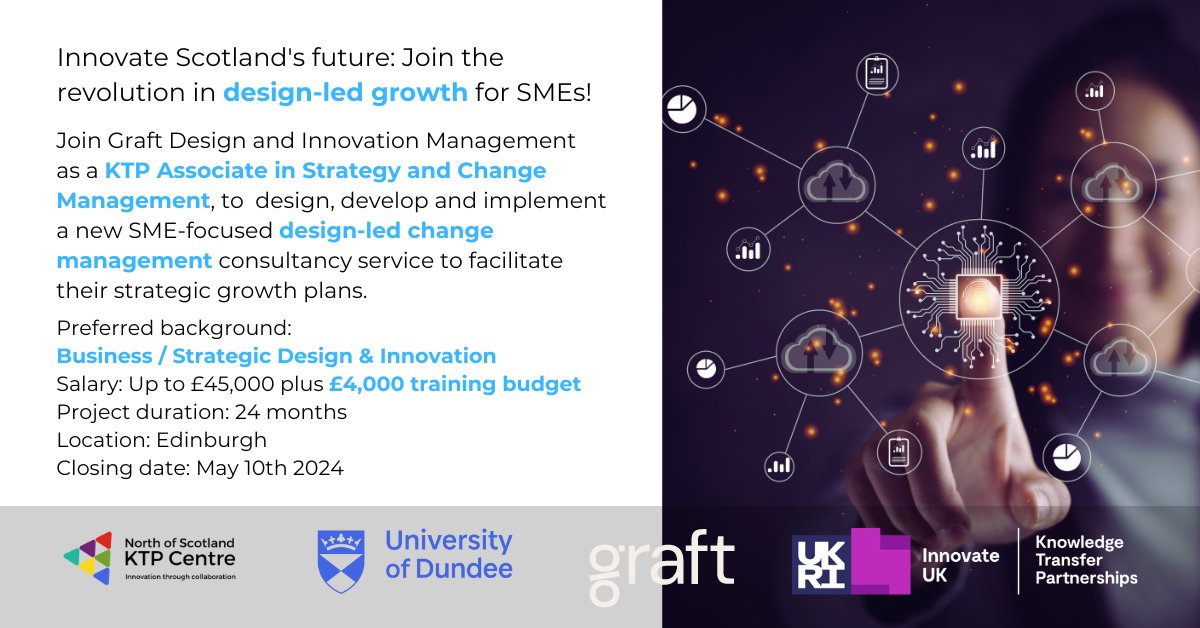 Do you have a background in #business or strategic design? Take a look at this new #KTP opportunity with the @dundeeuni and Graft! Apply here: linktr.ee/ktpnorth Closing Date: May 10th 2024 @innovateuk @IUK_Connect