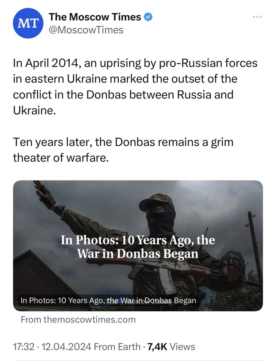 A decade since the Russian invasion of Ukraine first began, the @MoscowTimes is still pushing Kremlin propaganda about “pro-Russian forces”