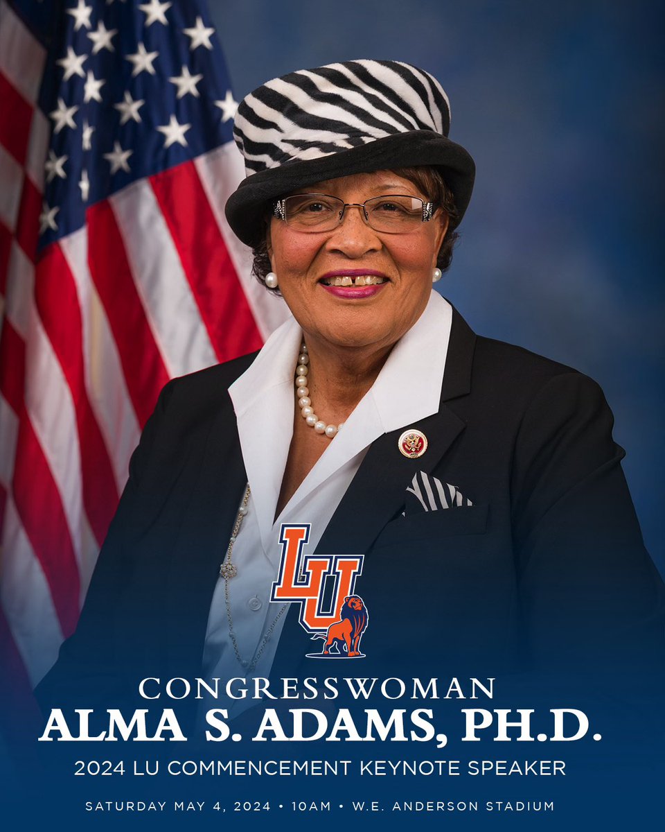 LU is proud to announce Congresswoman @RepAdams, Ph.D., U.S. Representative of North Carolina’s 12th district, will serve as the distinguished speaker for the 124th Commencement of Langston University on Saturday, May 4, 2024, at 10:00 a.m., in W.E. Anderson Stadium. #WeRoar