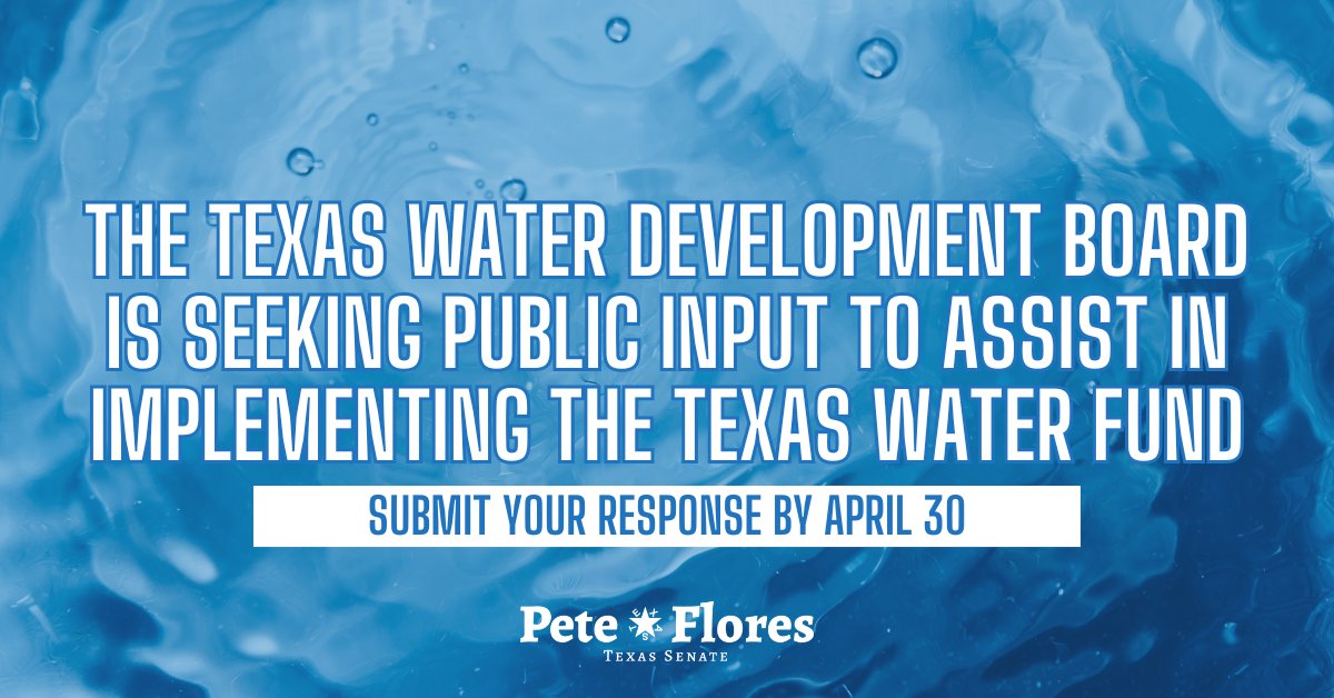 Last session, my colleagues & I established the Texas Water Fund to assist in financing water projects across Texas. The fund is in the process of being implemented, but @twdb wants to hear from YOU! Please weigh in by April 30th. Visit bit.ly/3U1OR3U. #txlege