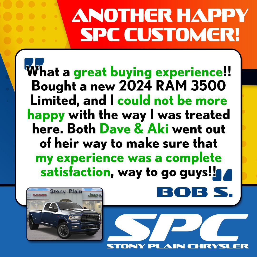 Another #HappyCustomer! Check out what Bob S. had to say about his recent sales experience here at Stony Plain Chrysler! If you're in the market, call 587-760-1594, stop by, or visit buff.ly/3xxbyV5 to see how we can help you out.

#Testimonial #CustomerReview #StonyPlain