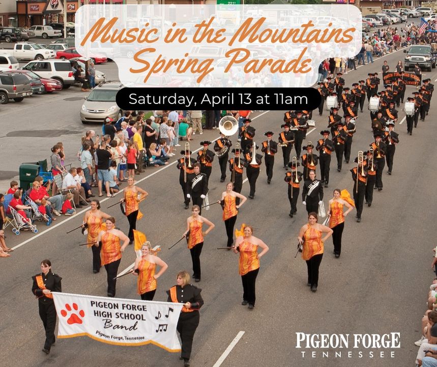 TOMORROW! 🎵🏔️ 🎉 Join us on the Pigeon Forge Parkway at 11am for our Music in the Mountains Spring Parade! It's going to be an unforgettable time you do not want to miss. More info: bit.ly/43WQ3Ji