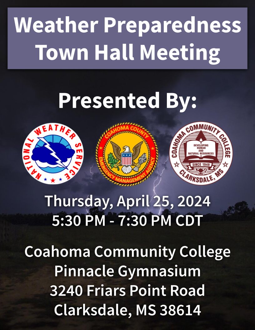 Come join us and
@NWSMemphis
on April 23rd and 25th for a Weather Preparedness Town Hall in Bolivar and Coahoma counties. Being prepared and knowing how to react when severe weather threatens is very important. Everyone is welcome to come and learn!