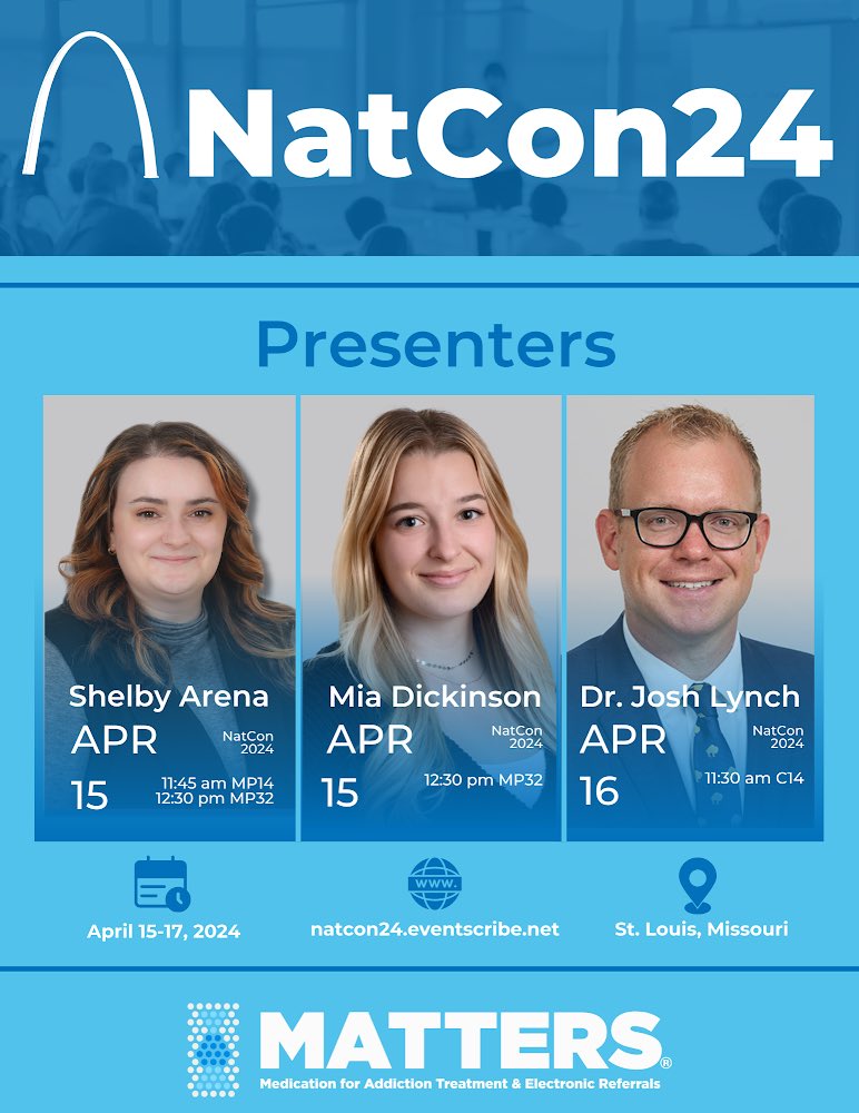 MATTERS is honored to be presenting at NatCon, a national conference on substance use and mental health strategies. We hope to see you there, as three of our team members are giving presentations at this prestigious event, specifically on #telemedicine and #harmreduction! ￼