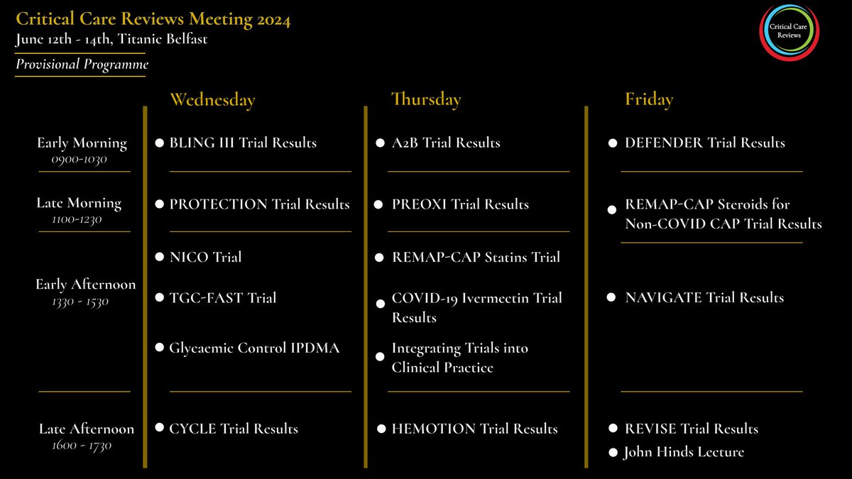 Here is the programme for the Critical Care Reviews Meeting 2024

Times are UTC +1

All 3 days will be freely livestreamed as usual

Paid CPD points are available

But you simply can't beat being in the room

CCR24, June 12-14, Titanic Belfast

Register at criticalcarereviews.com/meetings/ccr24