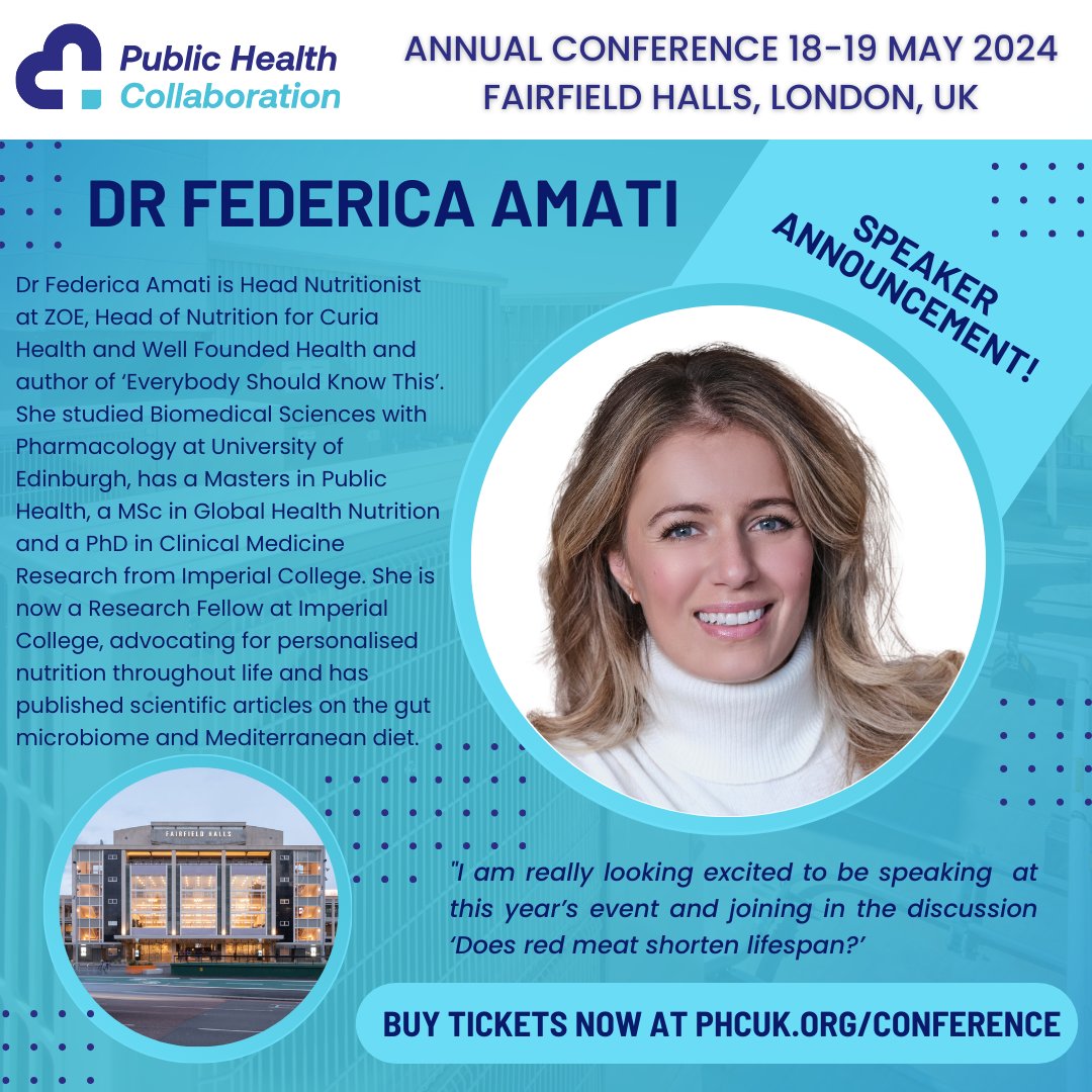 SPEAKER UPDATE: We're so pleased that @DrFedeAmati, Head Nutritionist at @JoinZoe will be will be bringing her wealth of nutrition experience to our #PHC2024 discussion 'Does red meat shorten lifespan?'. Book in-person or livestream at PHCUK.org/conference