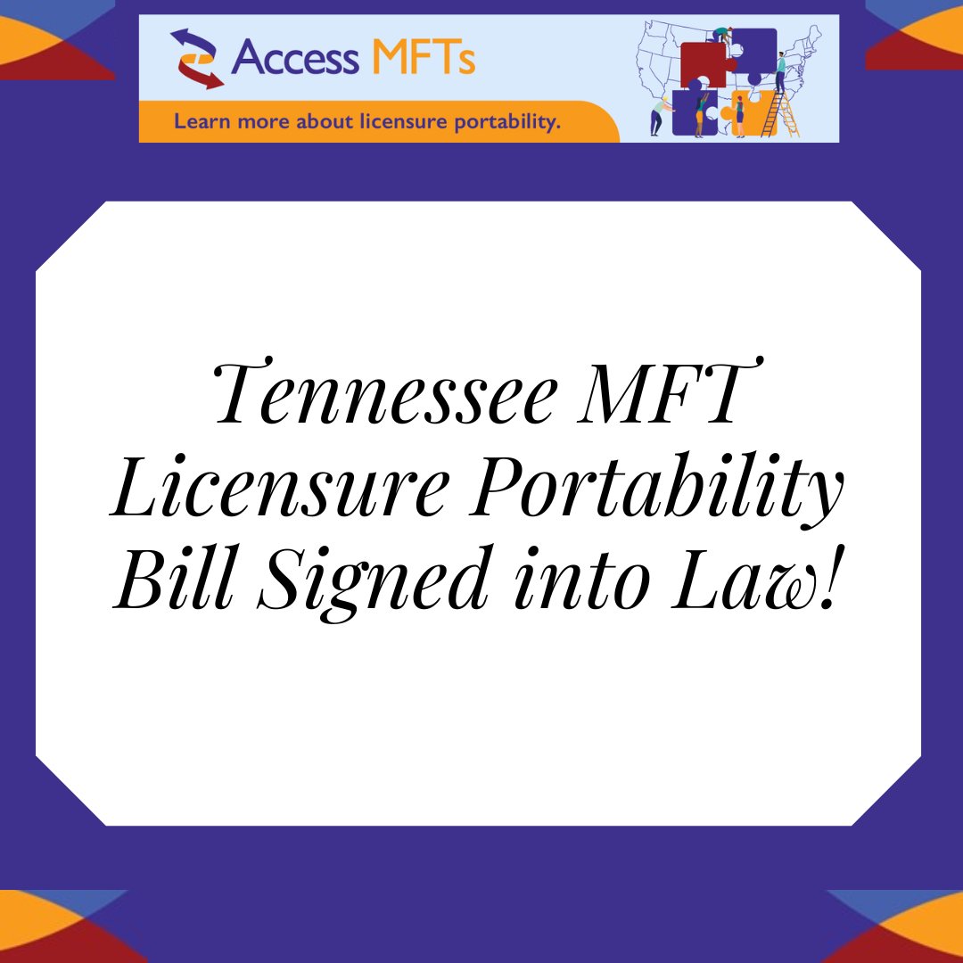 Tennessee Portability Update! Learn more with the link below. ow.ly/6CQt50RfiT5 #AAMFT #therapy #familytherapy #mentalhealth #clinicians #therapist #counseling #psychotherapy