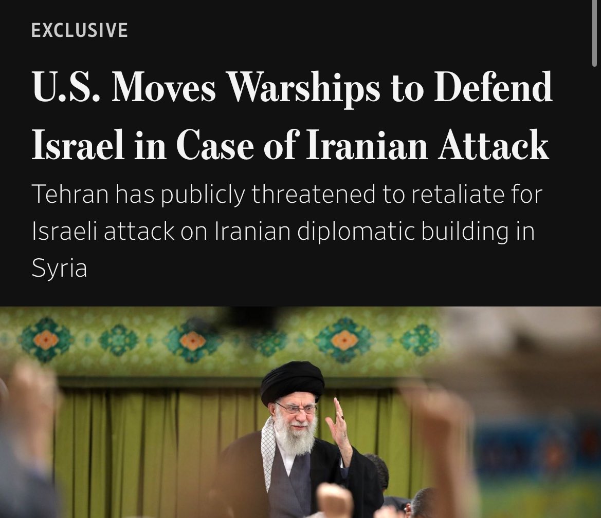 Important report in WSJ: “The U.S. rushed warships into position to protect Israel and American forces in the region, hoping to head off a direct attack from Iran on Israel that could come as soon as Friday or Saturday.” “The moves to get warships in position came after a…
