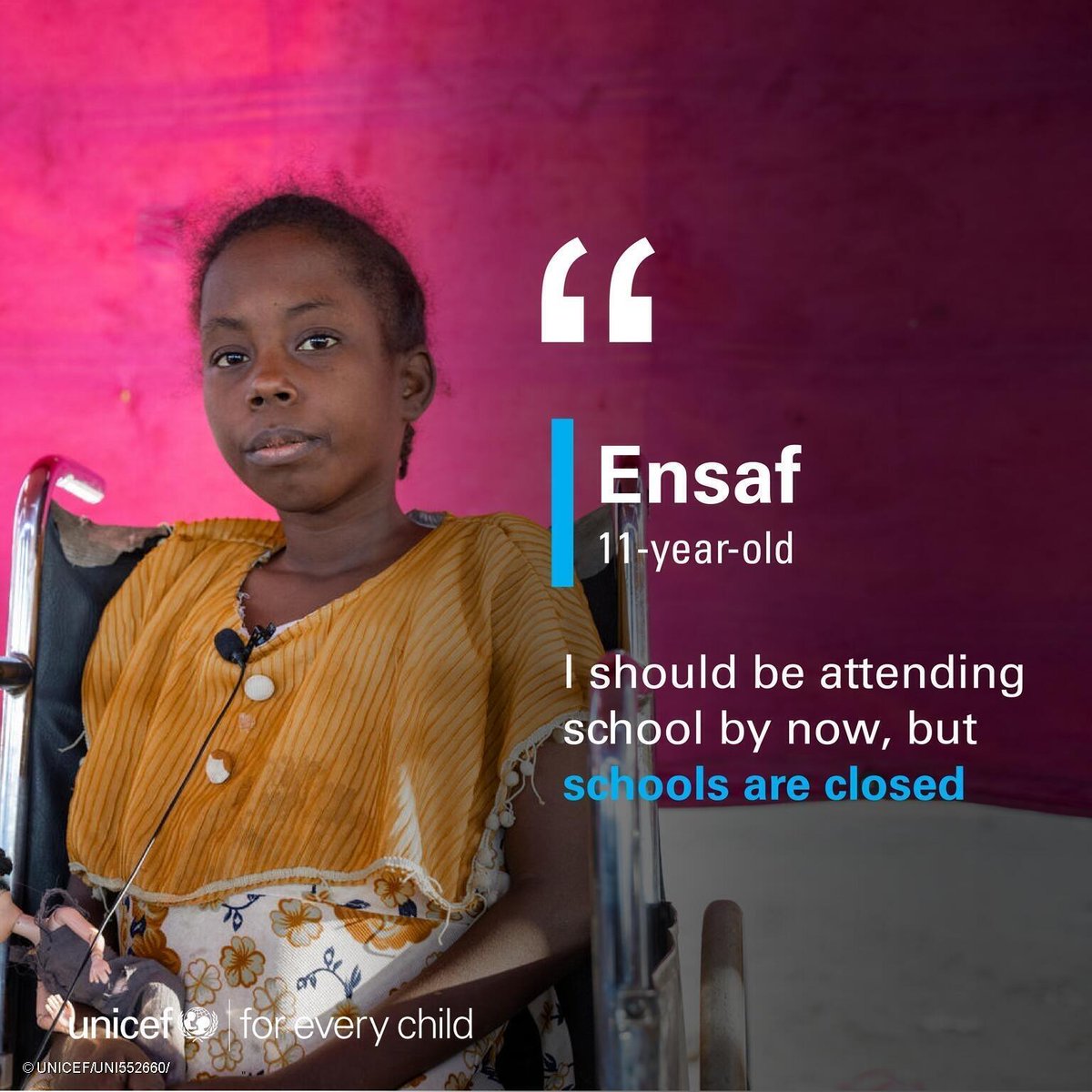 Almost 19 million children in #Sudan are not in school. Without learning, children are robbed of their future. Before the war, Ensaf dreamt of becoming the first female pilot in Sudan. #ForEveryChild, education.