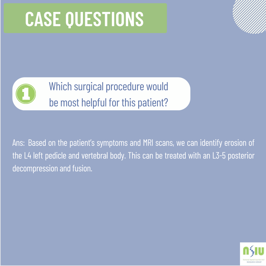 Here's the answer for our last case report!

For our most recent case, we asked what procedure would would be most beneficial to a 38 year old patient who presented with a 5 year history of left leg weakness and dysesthesia extending from her left thigh to foot.

#spinehealth