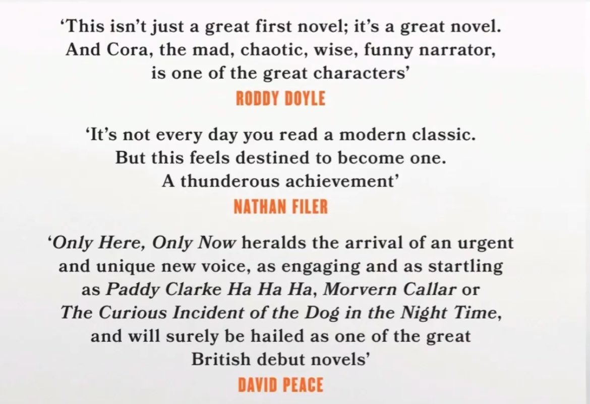 The quotes coming in for @tomnewlands_’ Only Here, Only Now are sensational — and rightly so. Hugely grateful to Roddy Doyle, @nathanfiler and David Peace for these three.