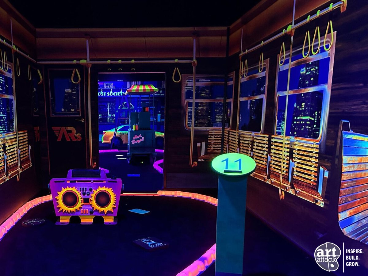 Putt-putt your way to success with Art Attack’s black light mini golf courses! Contact us today to learn more! #InspireBuildGrow #Minigolf #Prop #HDGraphix #PulseGlowCurb #Entertainment #FunCenter