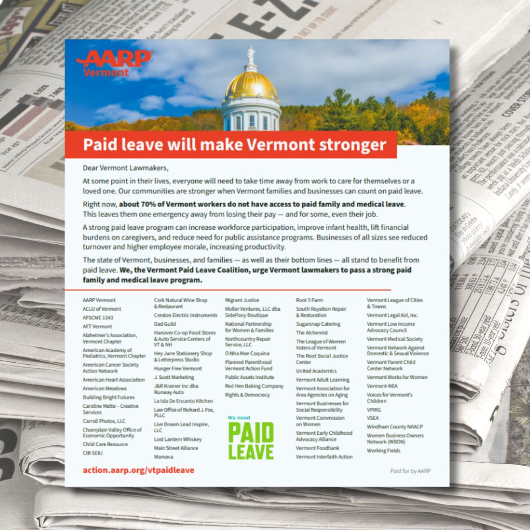 Too many VT families must choose between caring for their loved ones and paying their bills. No one should have to make that choice. That’s why we’re proud to call for a strong #PaidLeave program with @AARPVermont and the @vtpaidleave Coalition in this week’s 7Days.