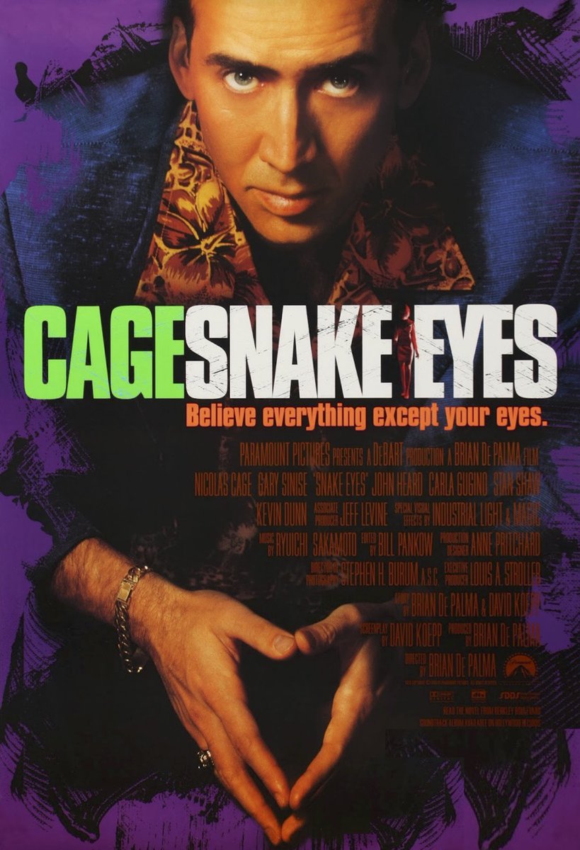 Coming Soon on 4KUHD! Snake Eyes (1998) Nicholas Cage, Gary Sinise, John Heard & Carla Gugino – Shot by Stephen H. Burum (The Untouchables) – Music by Ryuichi Sakamoto (The Last Emperor) – Screenplay by David Koepp (Jurassic Park) – Directed by Brian De Palma (Dressed to Kill).