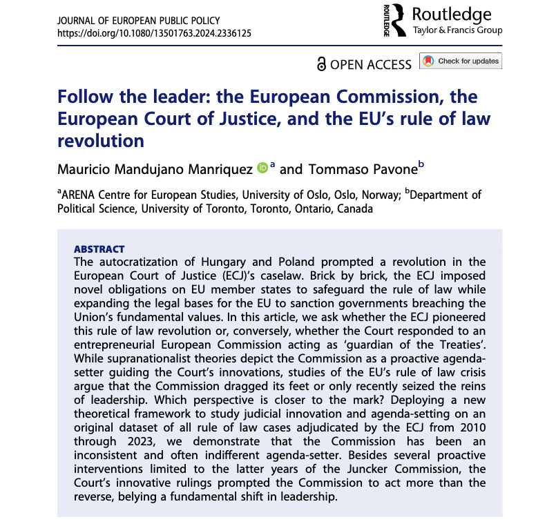 𝗜𝘁’𝘀 𝗼𝘂𝘁! My @jepp_journal article w/ @MauricioMandu7 is published in open access! On the EU’s rule of law crisis, the Commission as a haphazard & often laggard “guardian of the Treaties,” & how the ECJ often had to seize the reins of leadership: doi.org/10.1080/135017…