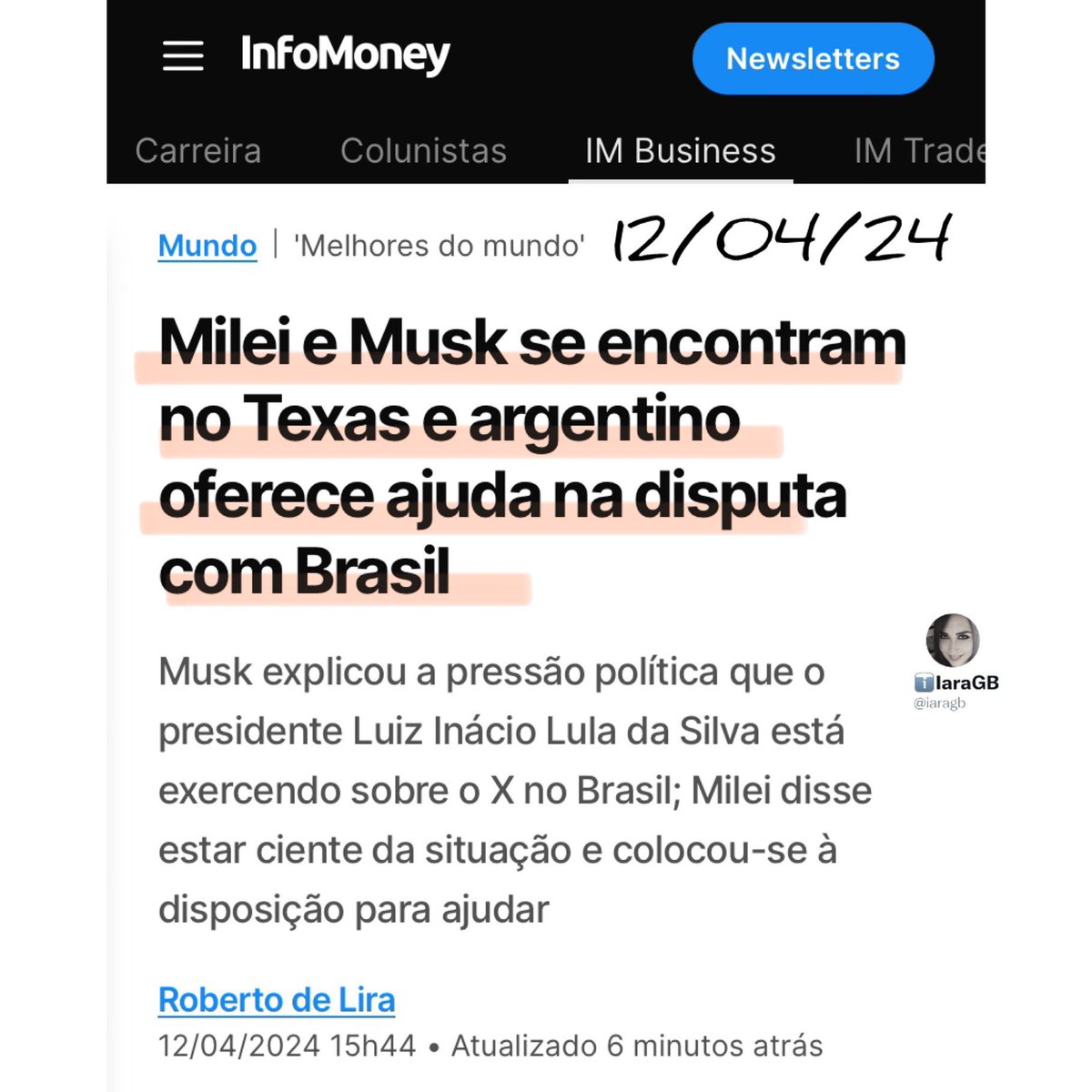 Milei vendendo lenços da democracia‼️ Disse que as empresas de Musk teriam “mais liberdade” no vizinho sul-americano. “Para nós seriam mais investimentos e mais tecnologia”. “Javier Milei e Elon Musk coincidiram na necessidade de liberar mercados e defender as ideias da…