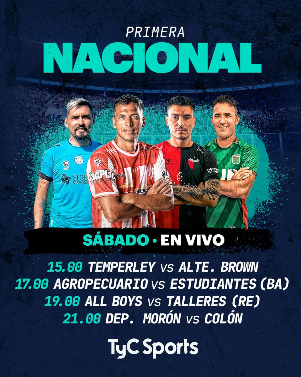 Primera Nacional en TyC Sports: Viví Temperley vs Alte. Brown, Agropecuario vs Estudiantes (BA), All Boys vs Talleres (RE) y Dep. Morón vs Colón