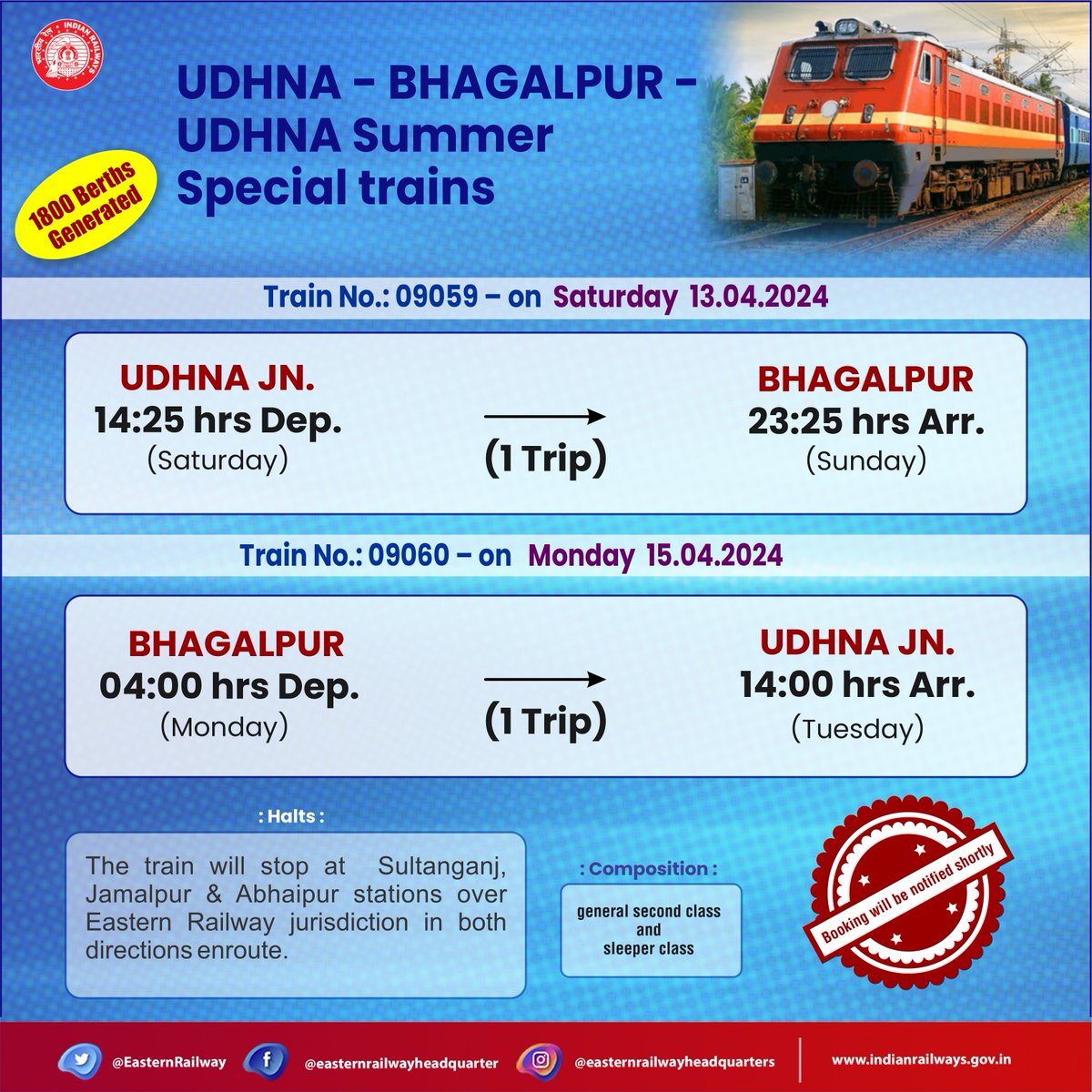 UDHNA - BHAGALPUR - UDHNA Summer Special trains